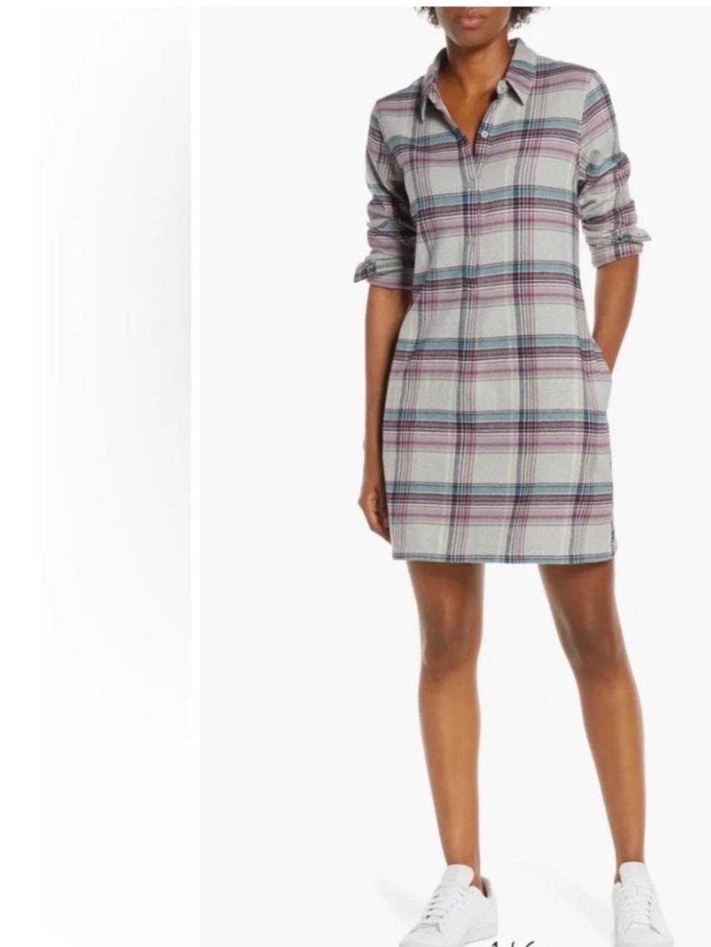 Patagonia Fjord organic cotton flannel shirt dress in cabin time gray plaid S